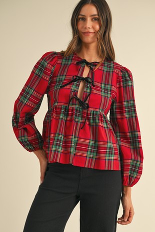 AW Velvet Bow Plaid Top